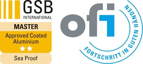 QualitĂ€tssiegel der GSB mit Zusatzsiegel âSea Proofâ und GĂŒtesiegel des OFI